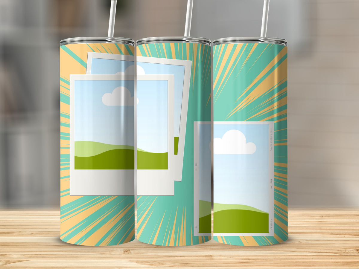 Tumblers with a sunburst design and photo frame overlays featuring landscape scenes.