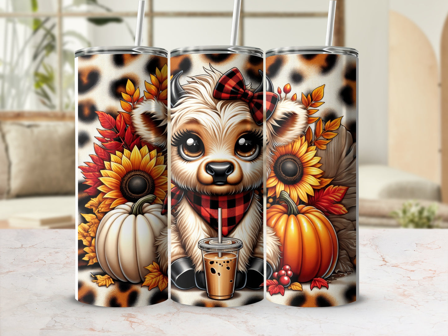 Cute cow with pumpkins, sunflowers, and leopard print tumbler.