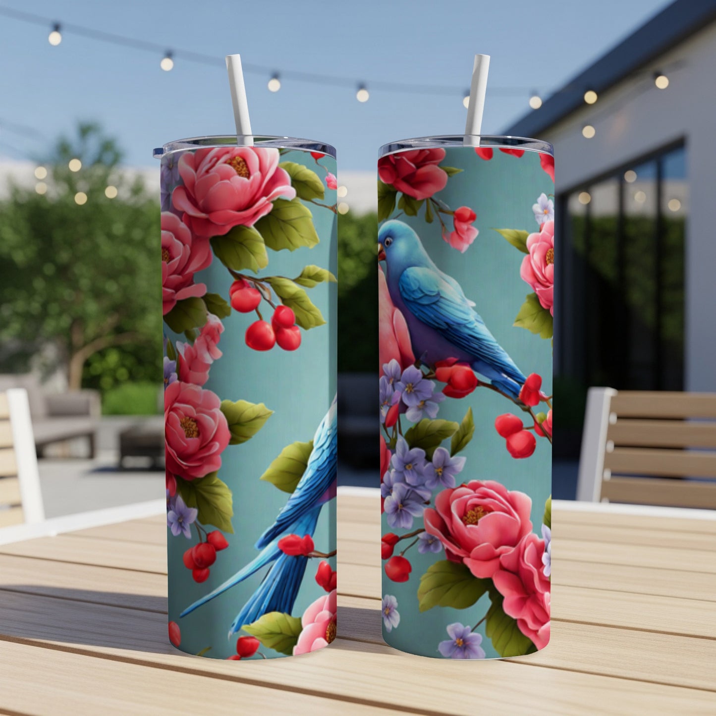 Two blue birds on a floral patterned tumbler with strawberries and red flowers.