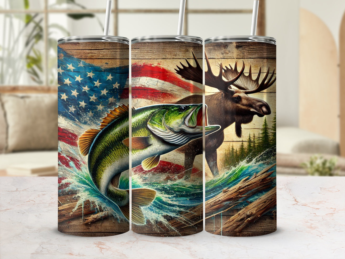 Patriotic Fishing and Hunting Themed Tumbler