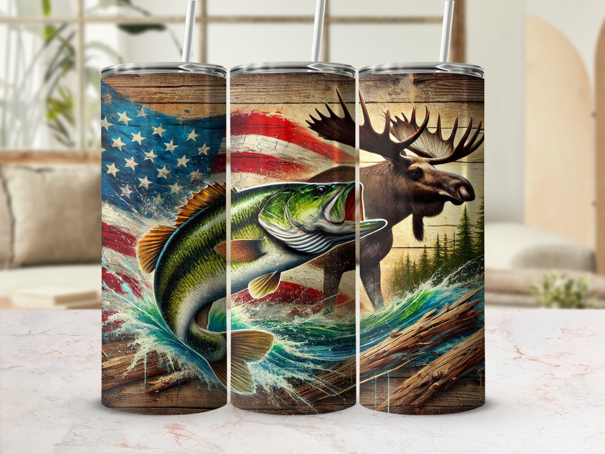 Patriotic Fishing and Hunting Themed Tumbler