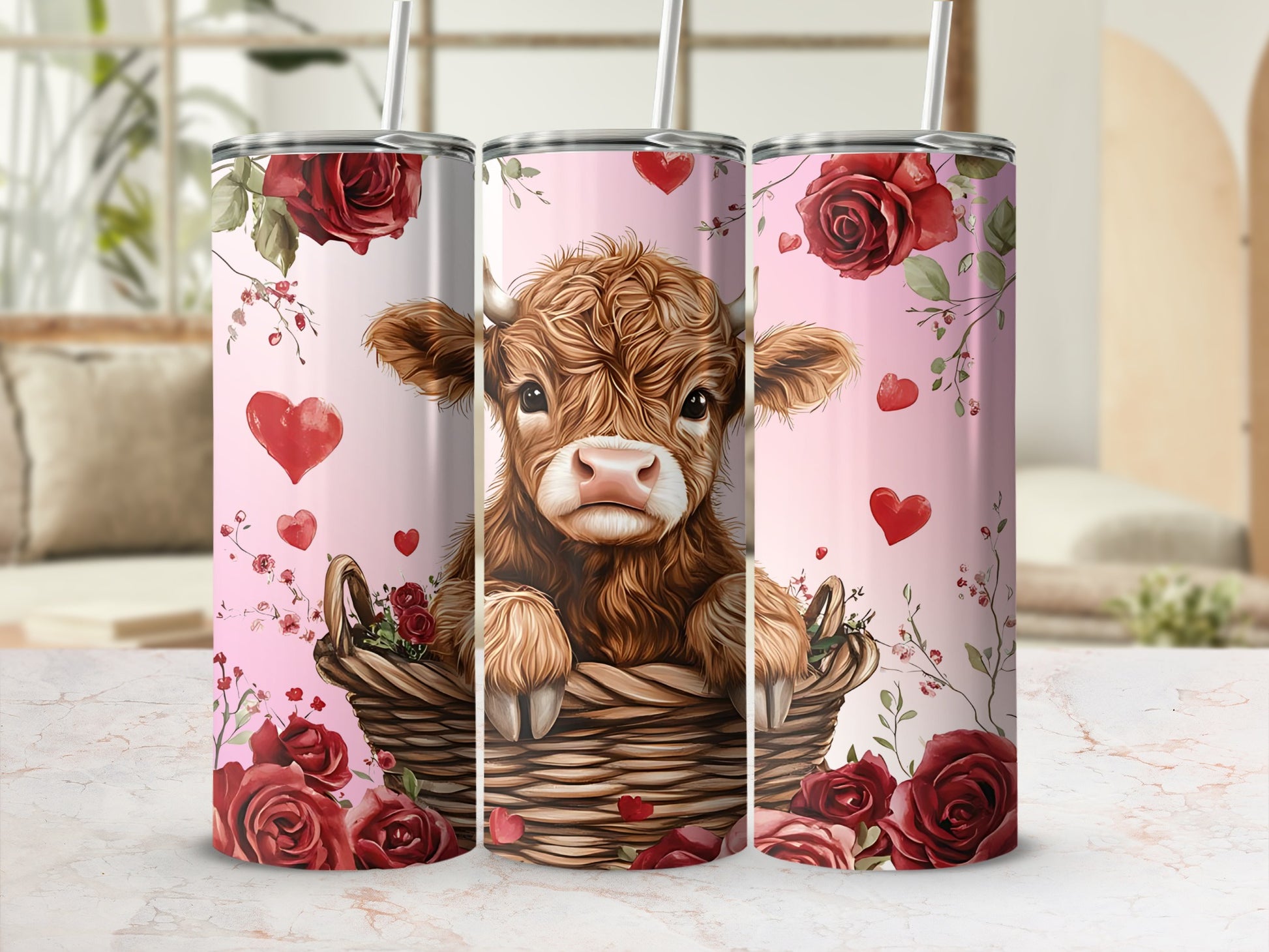 Cute Cow and Roses Design Pink Tumbler with Straw