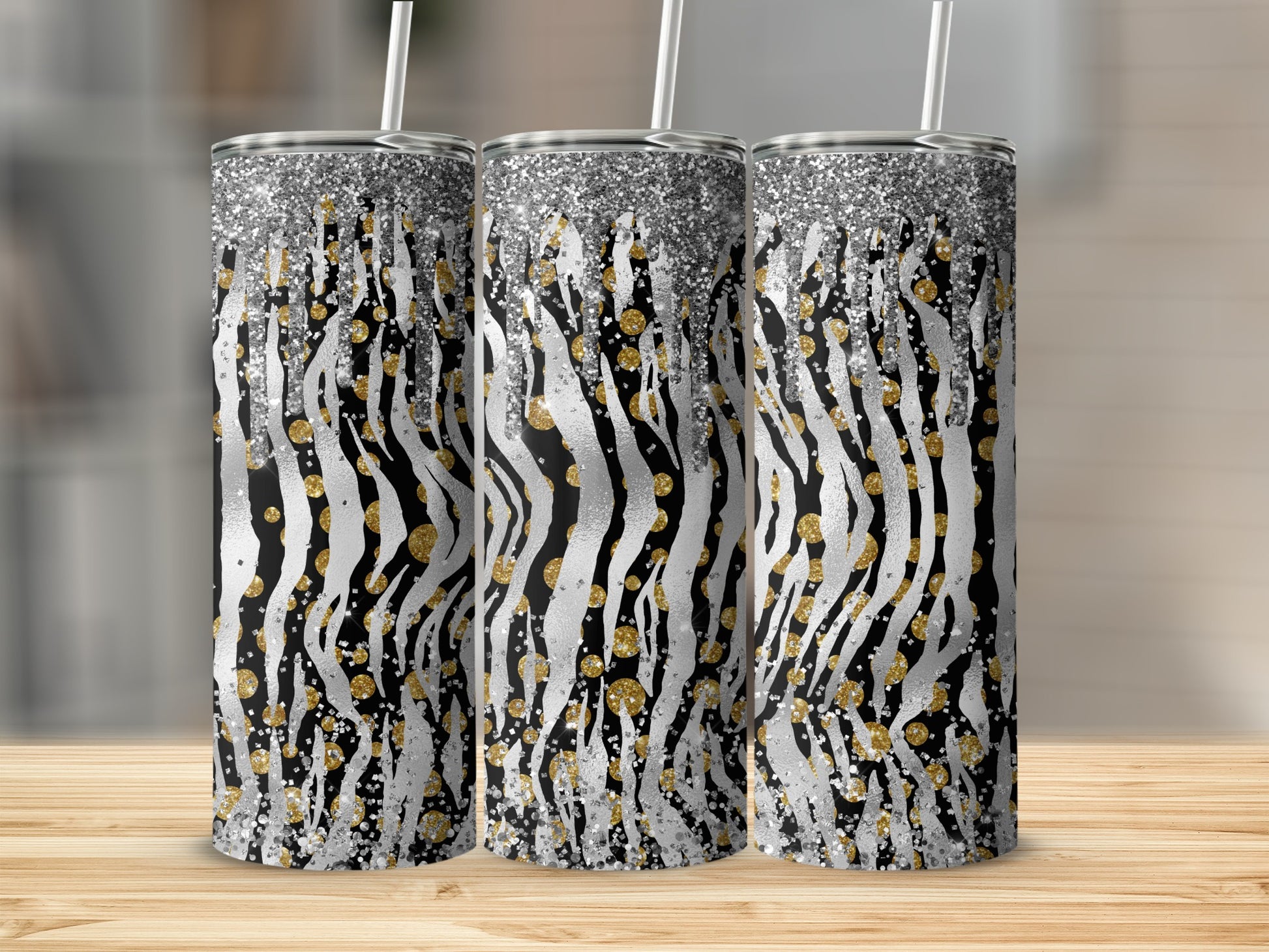 Glitter Zebra and Gold Dot Skinny Tumbler with Straw