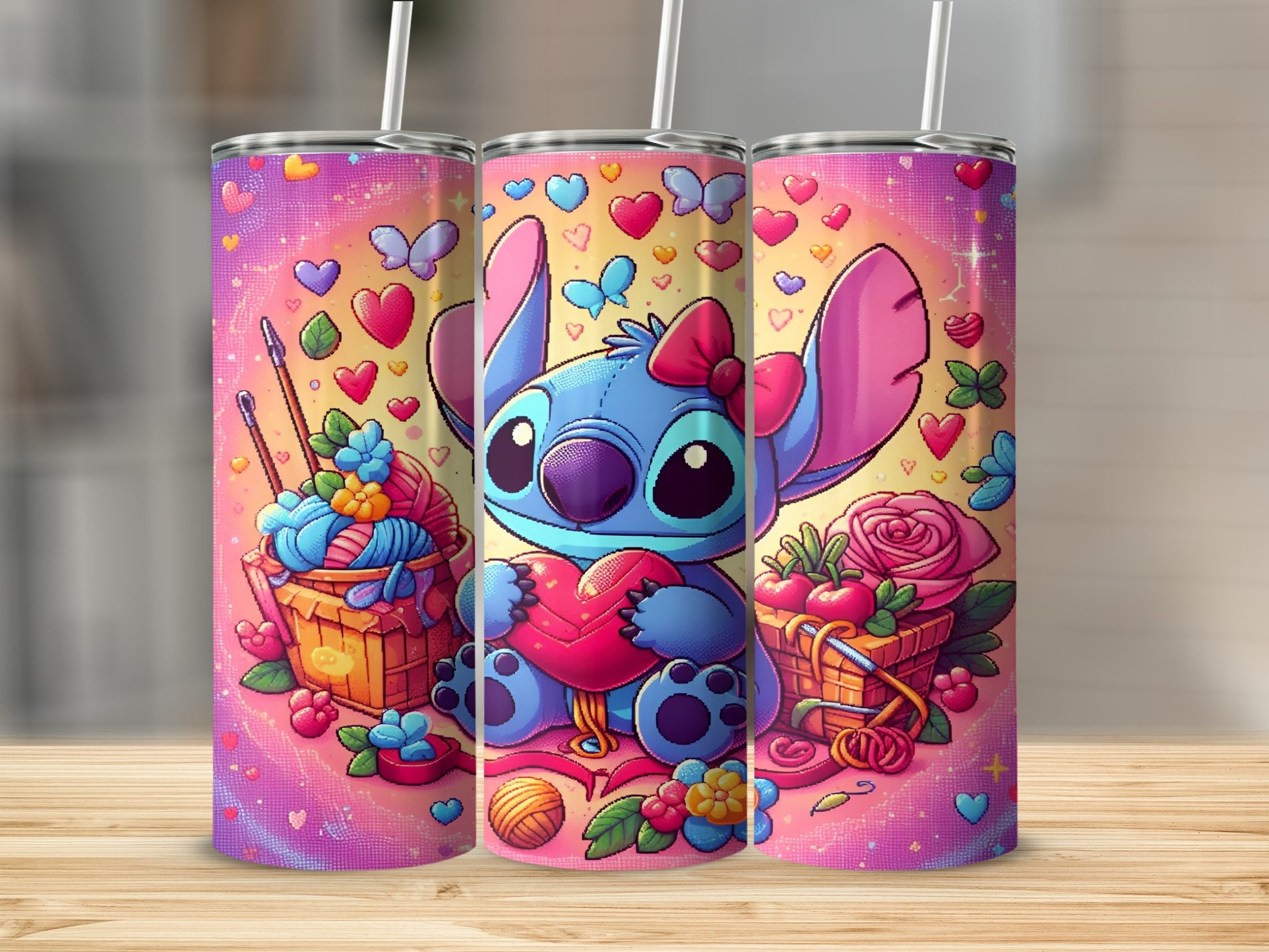 Stitch character holding a heart, surrounded by yarn, knitting needles, and flowers.
