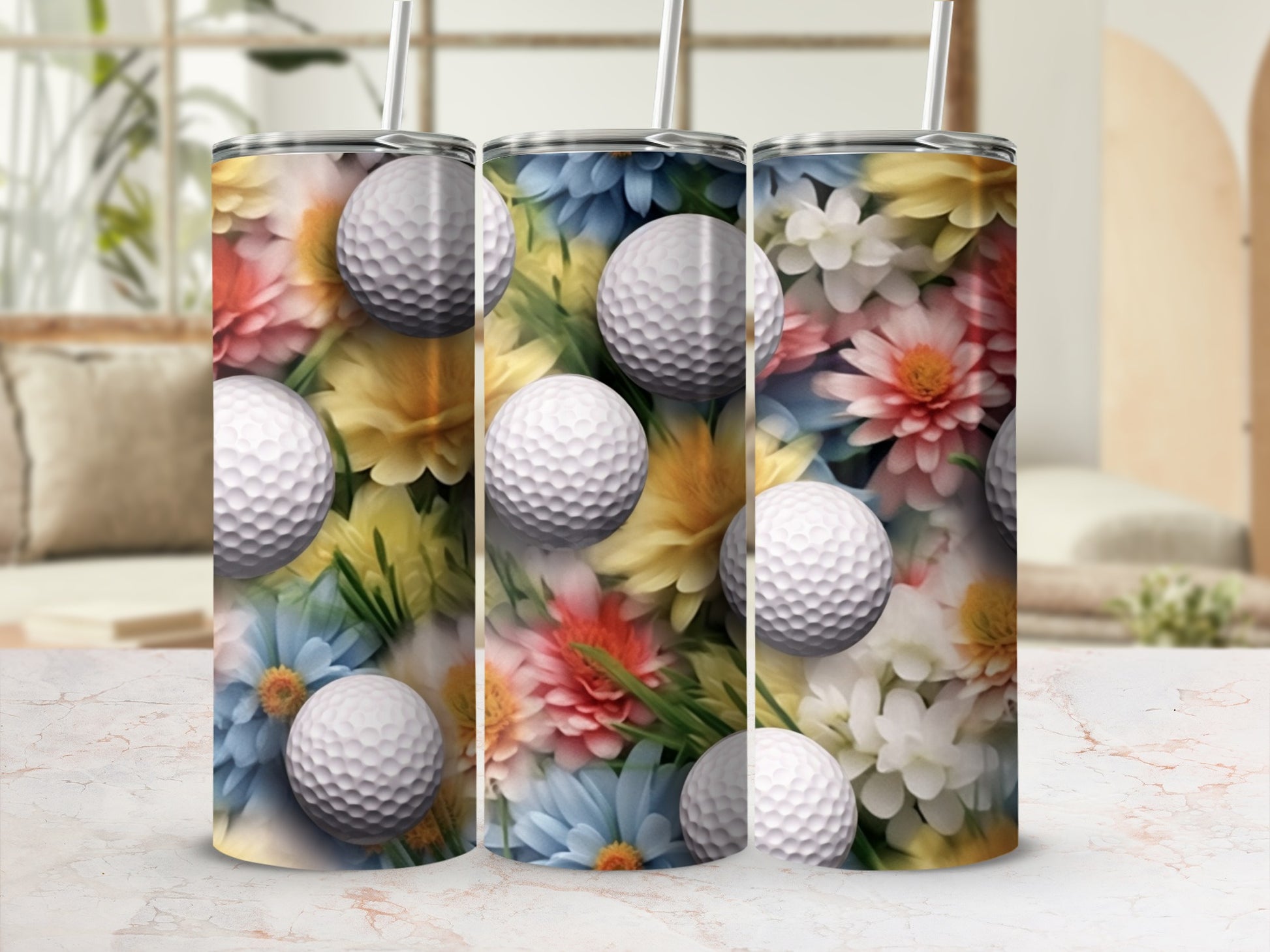Floral and Golf Ball Patterned Drink Tumbler Cups