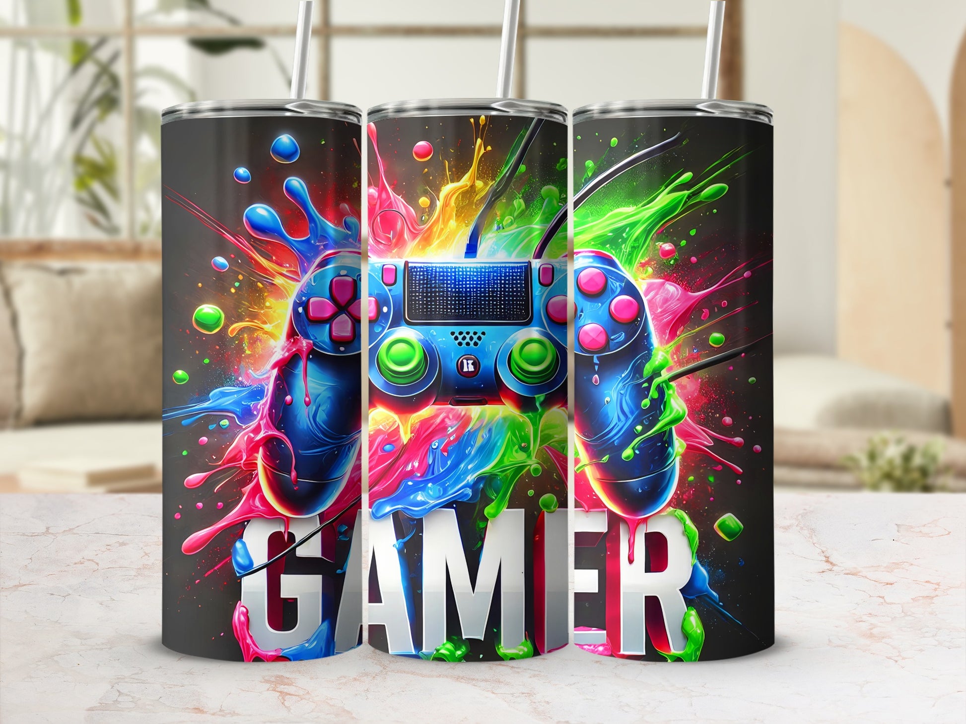 Gamer tumbler with colorful paint splashes around a video game controller.