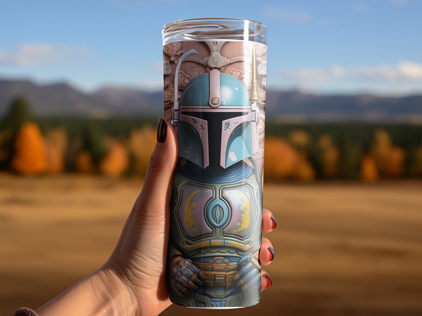 Mandalorian Art Themed Tumbler With Hand Holding Design