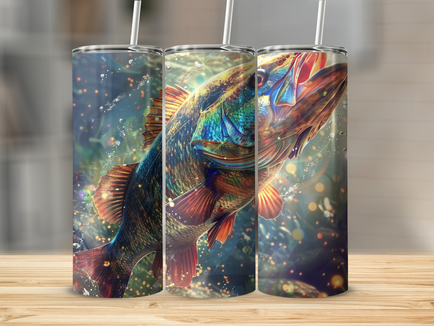 Colorful bass fish leaping out of water with bubbles.