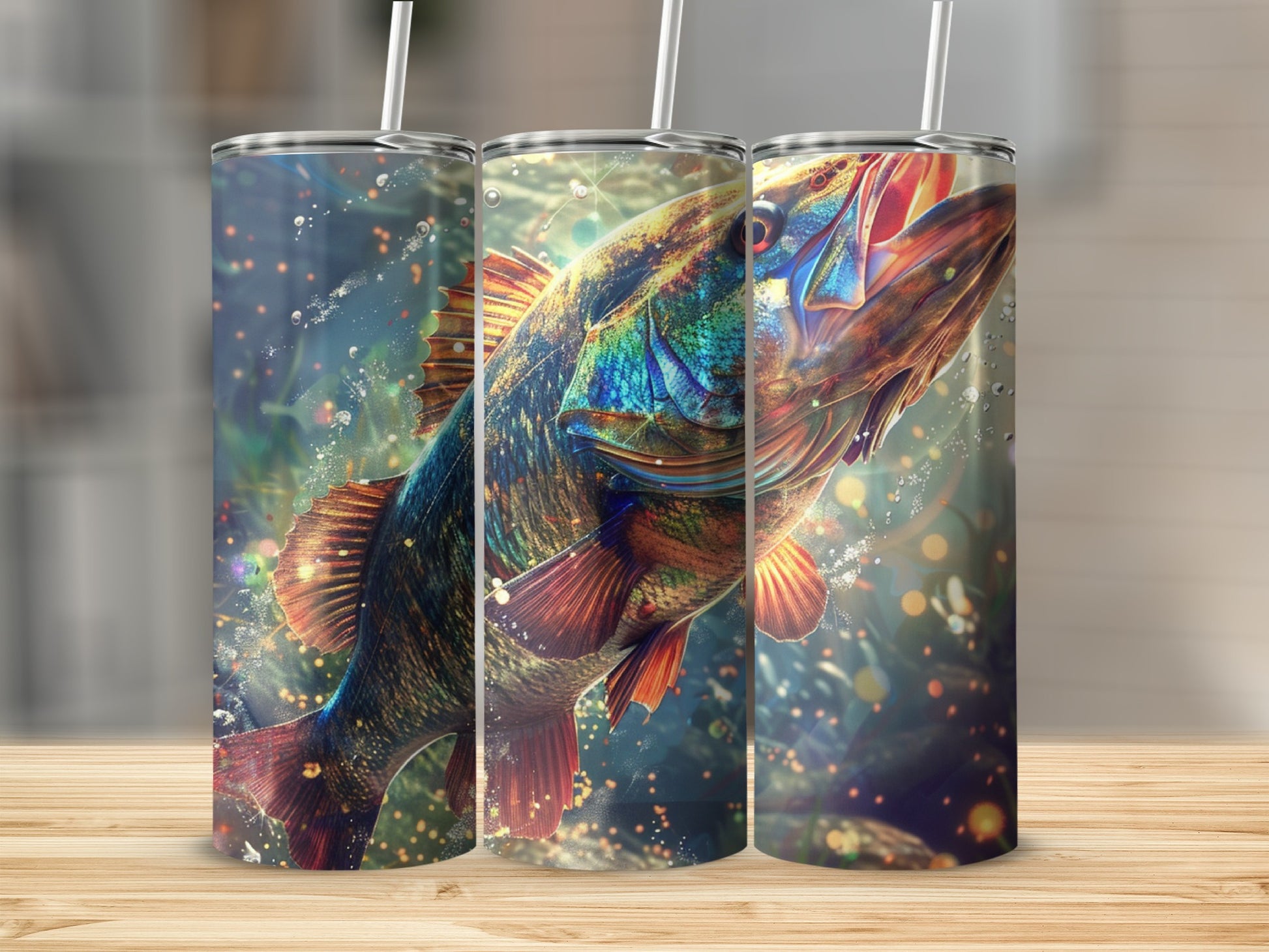 Colorful bass fish leaping out of water with bubbles.