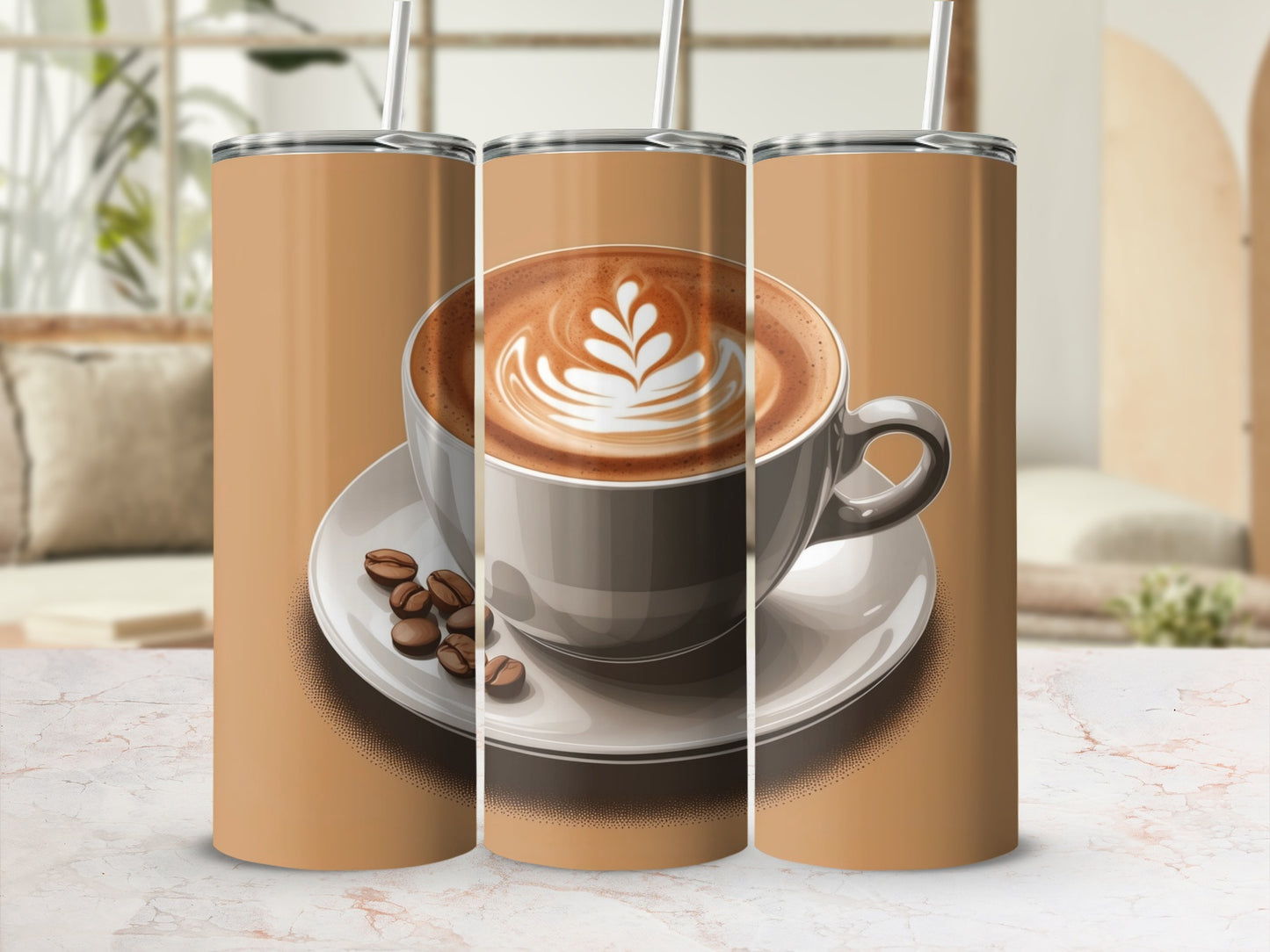 Coffee cup with latte art and beans on a saucer, displayed on tumblers.