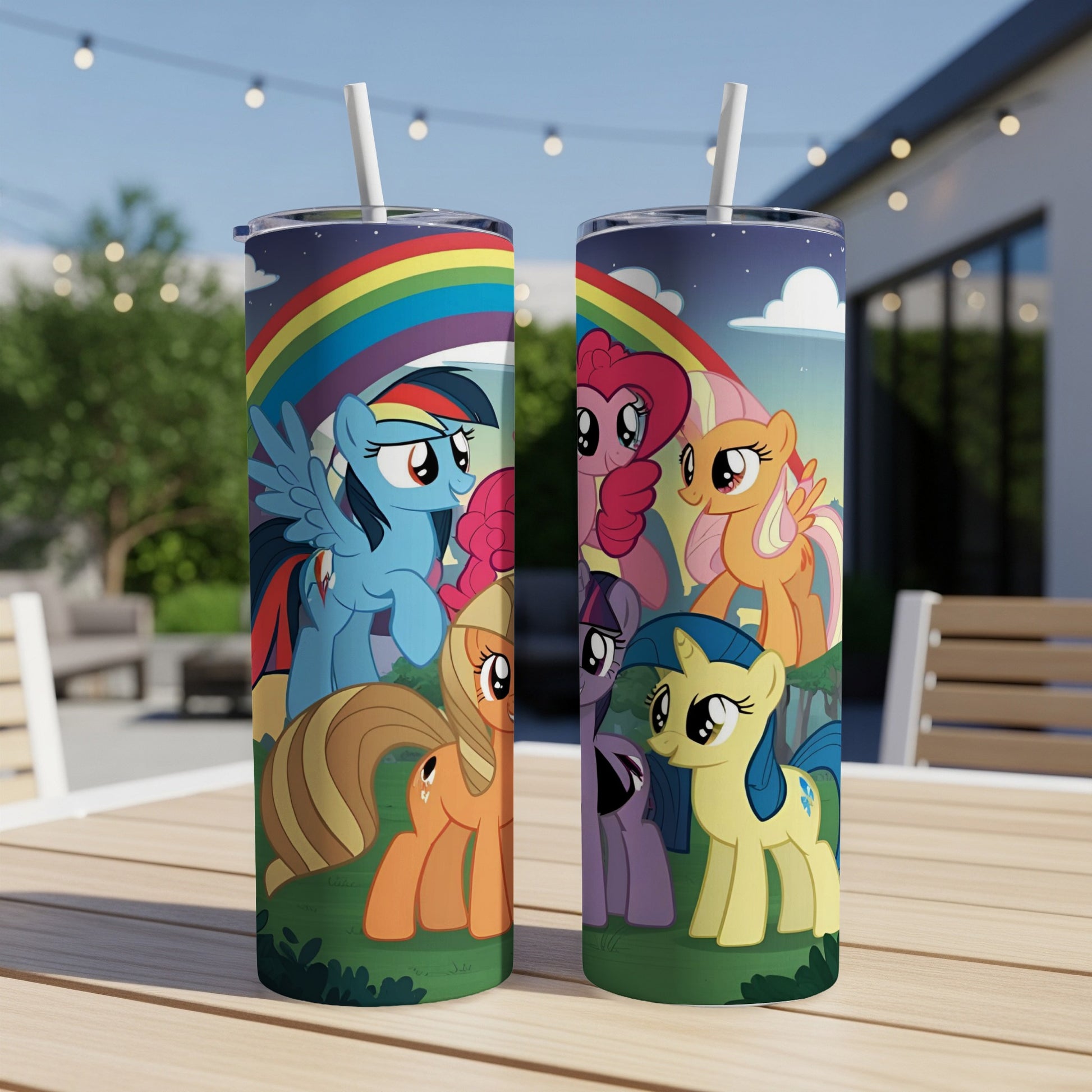 My Little Pony characters on a white stainless steel tumbler with straw.