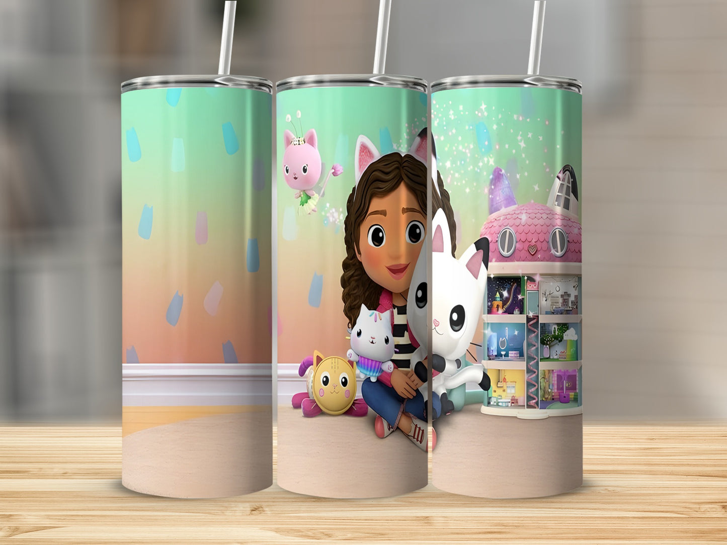 Gabby's Dollhouse characters Pandy Paws and Gabby on colorful background with toy house.