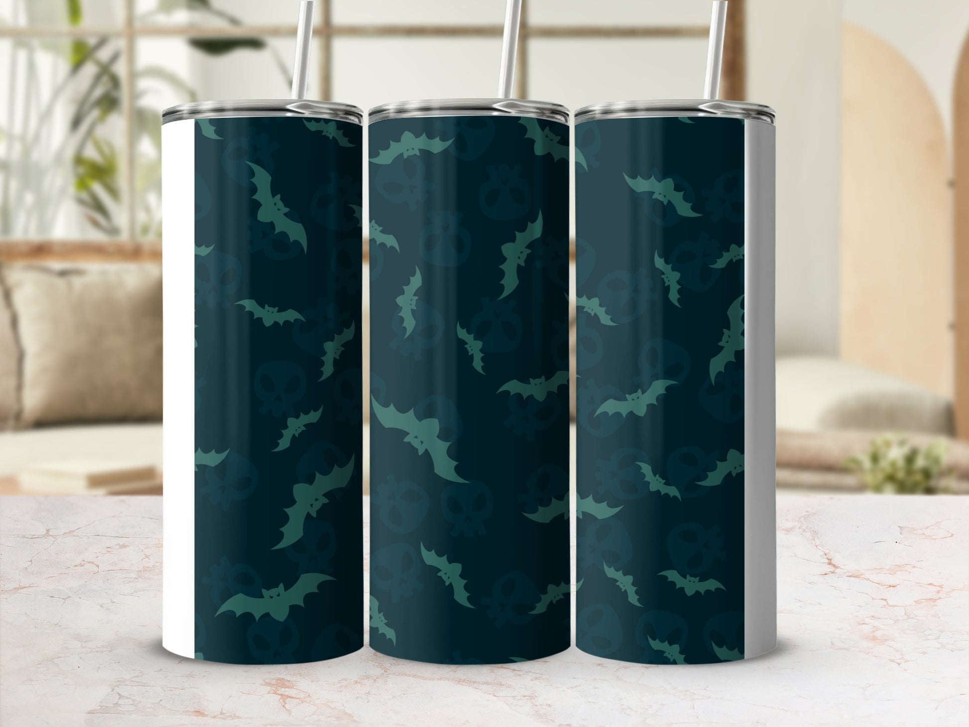 Dark Teal Bat Skull Pattern Halloween Tumbler