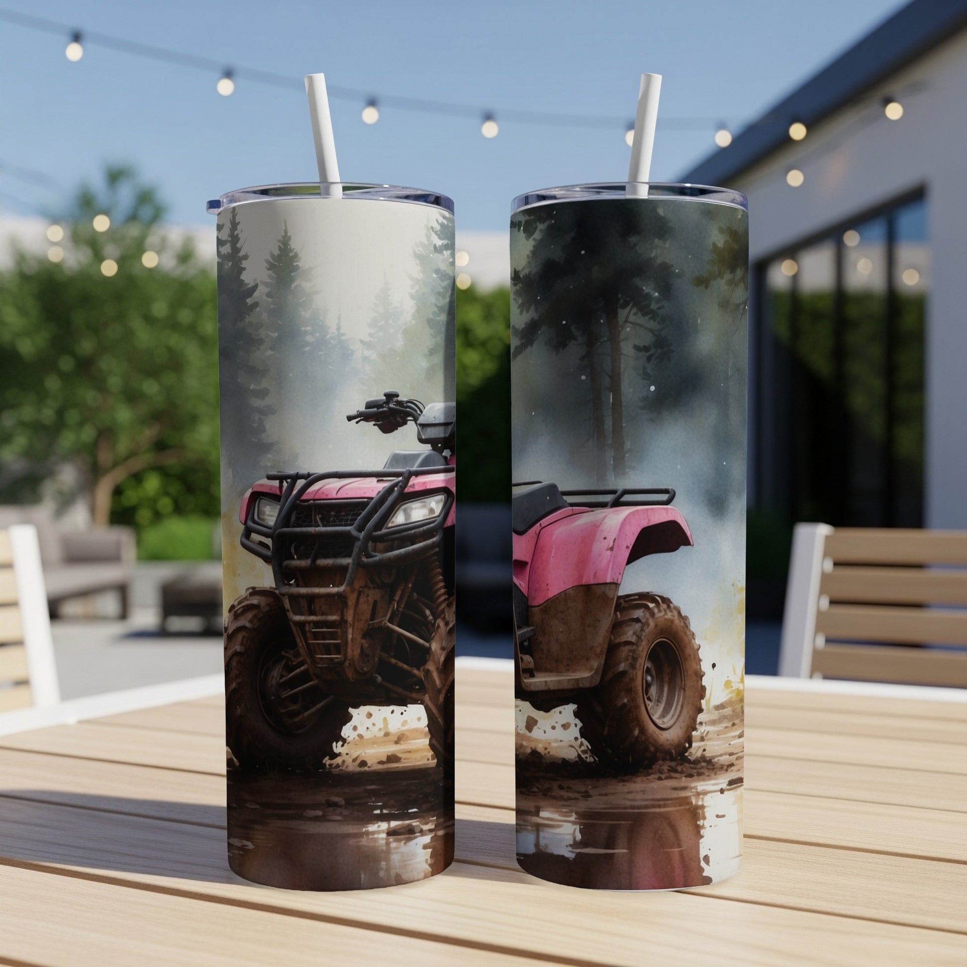 Pink ATV in mud, illustrated on two tumblers on a wooden table.