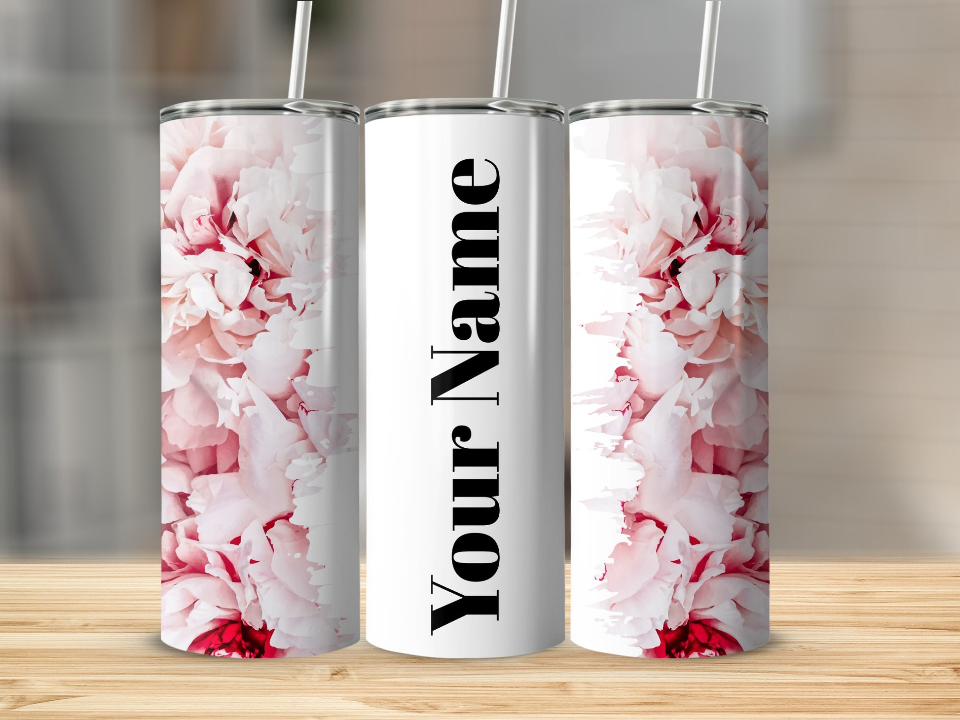 Customizable Floral Design Name Tumbler Flask with Straw