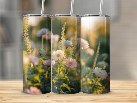 Three tumblers with close-up floral designs in soft, golden light.