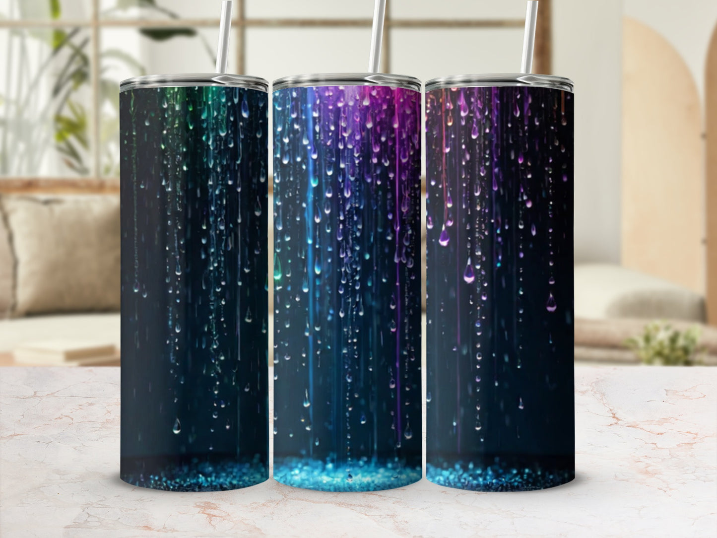 Three tall tumblers with colorful, dripping glitter and water effects.