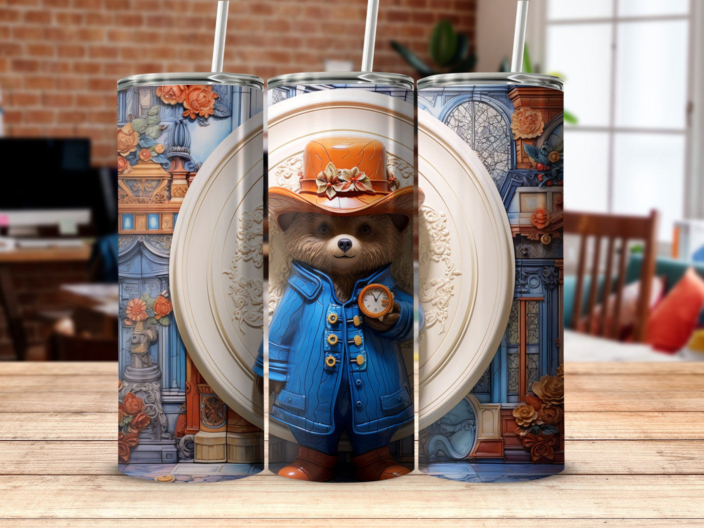 Whimsical Bear in Blue Coat Travel Tumbler Flask