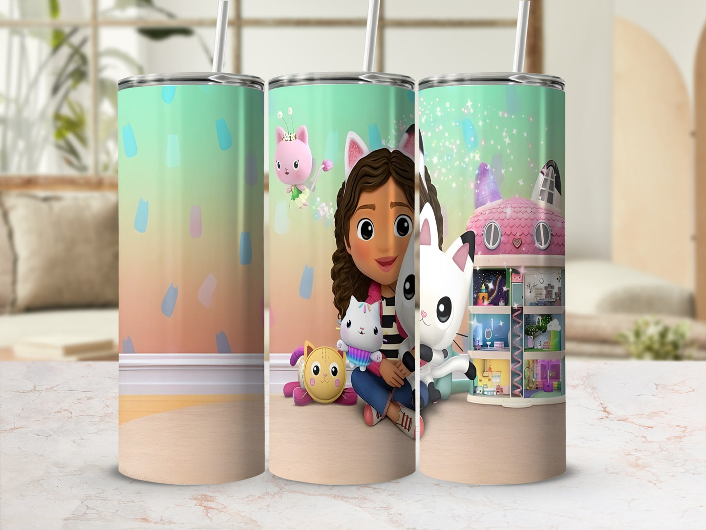 Gabby's Dollhouse themed tumbler with Gabby, Pandy Paws, and cat characters.