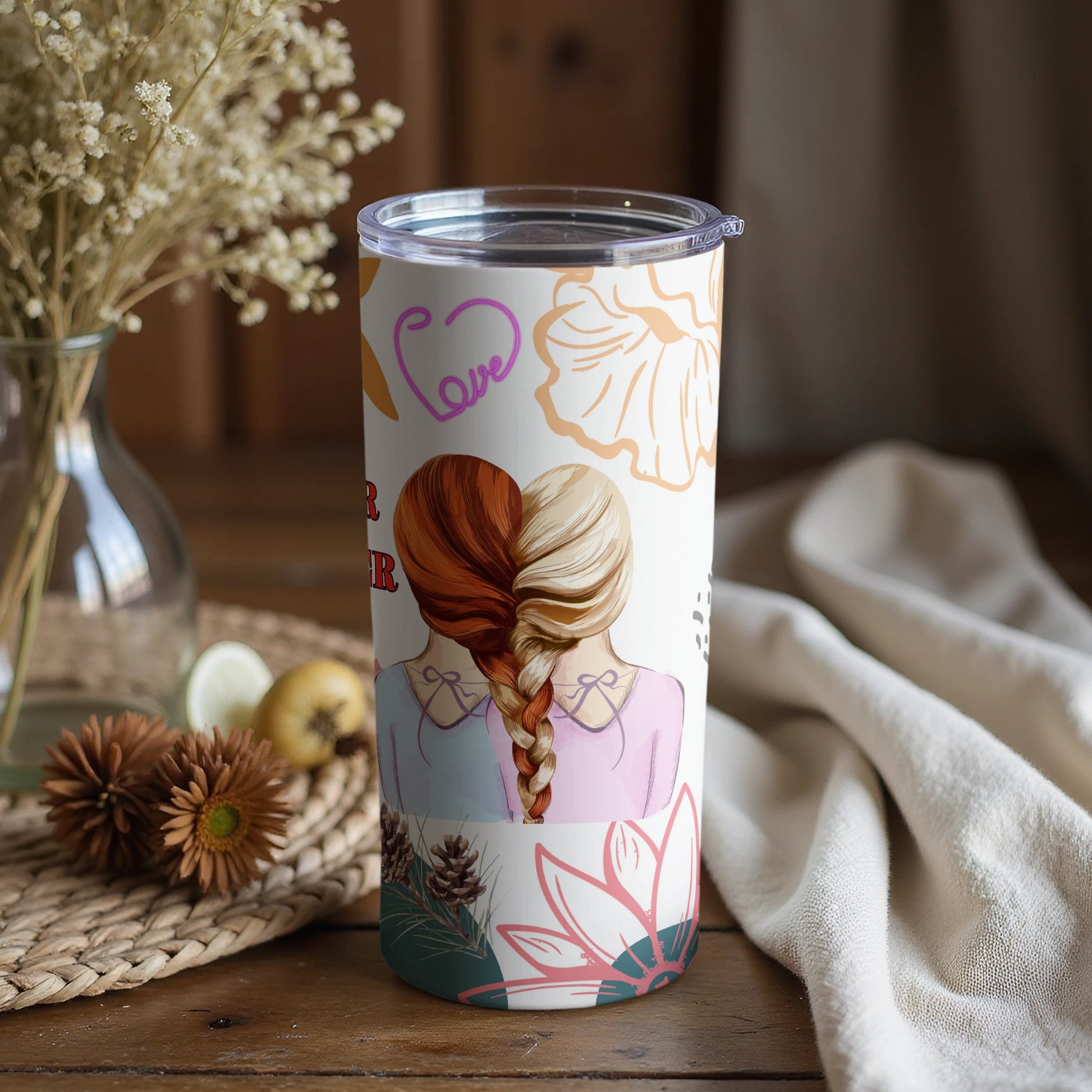 Sister Love Tumbler with Heart and Floral Design
