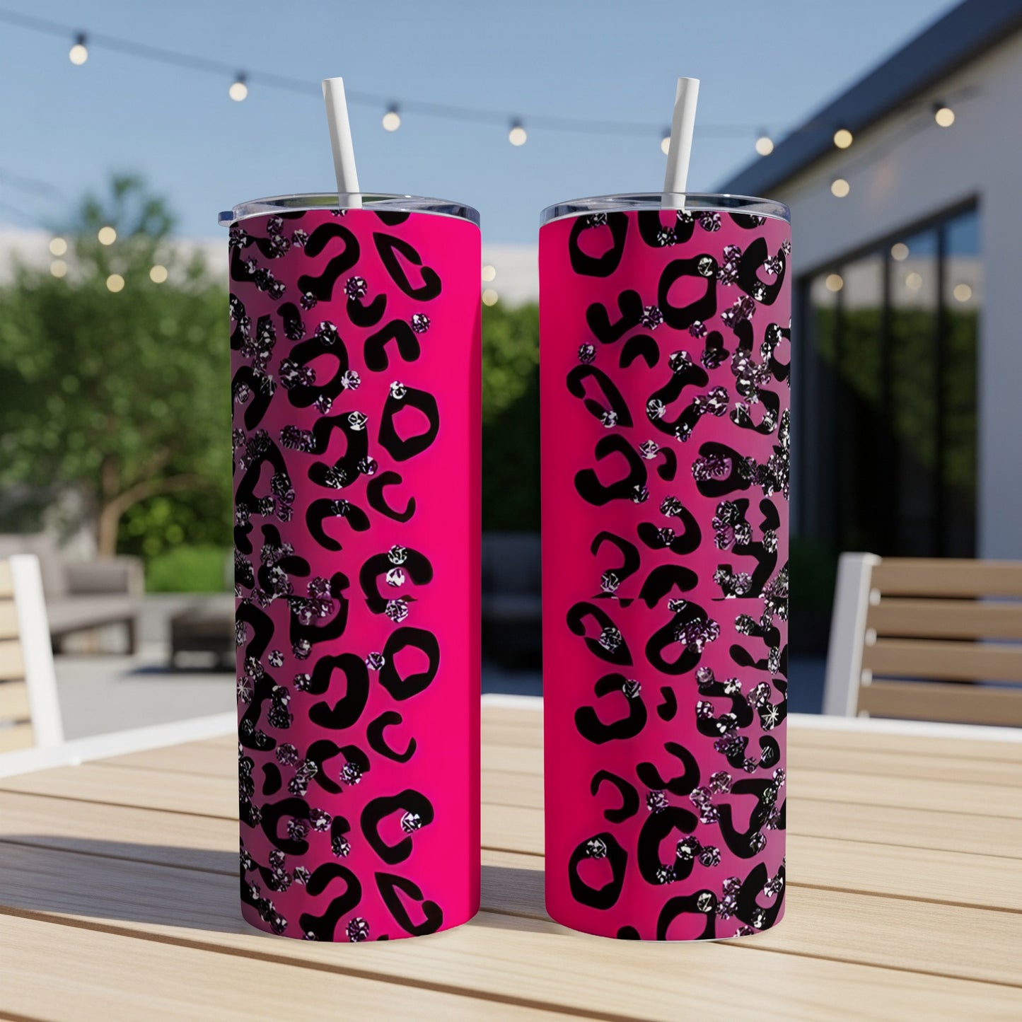 Two hot pink tumblers with black leopard print and glitter accents.