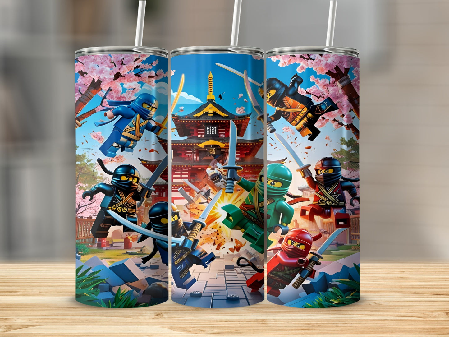 Ninjago characters fighting in front of a Japanese temple on a tumbler.