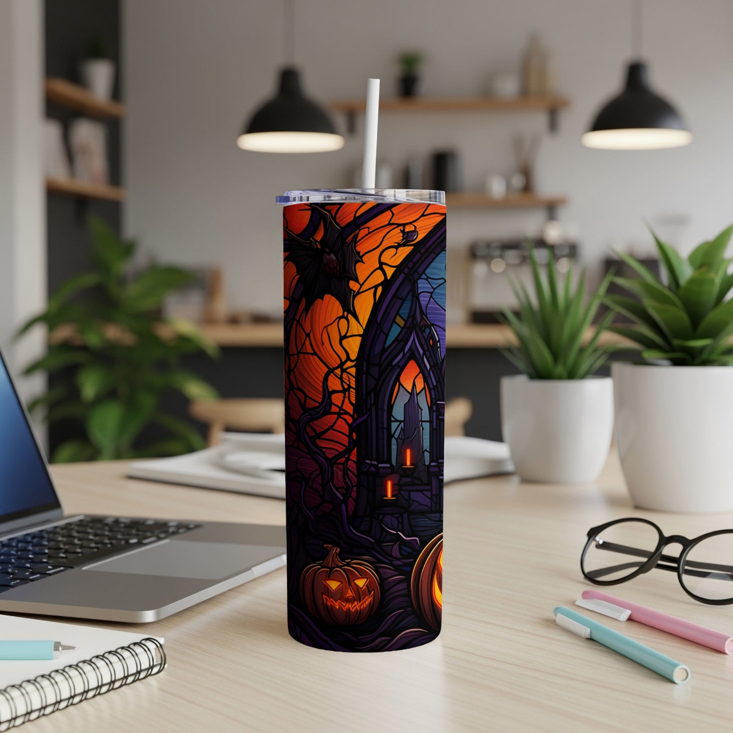 Stained Glass Gothic Halloween Pumpkins Bat Moonlight Tumblers