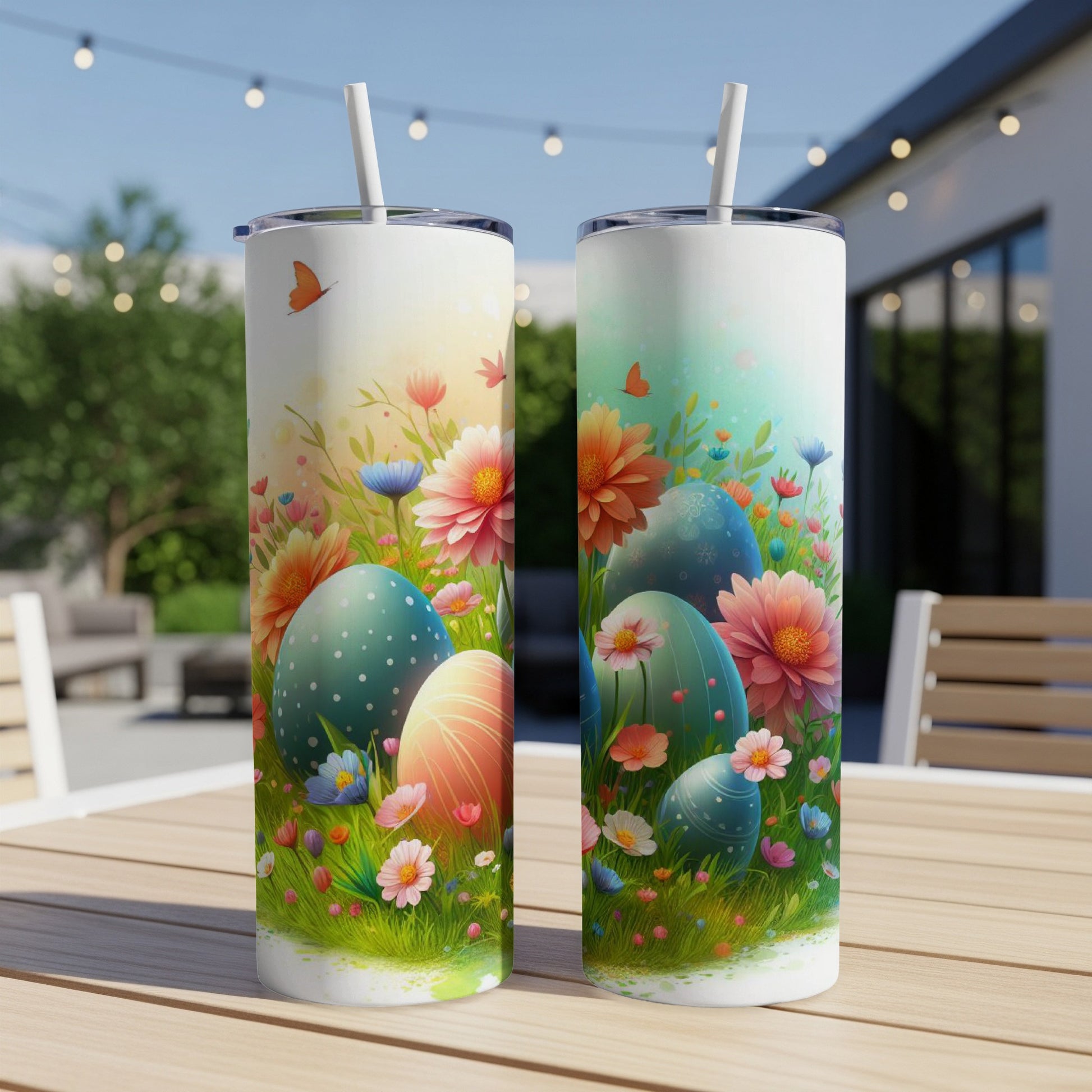 Two Easter-themed tumblers with colorful eggs and flowers.