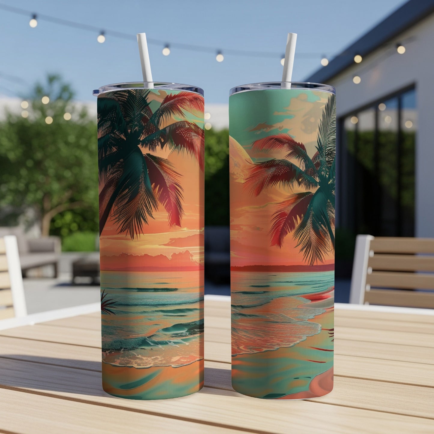 Two tumblers with a tropical beach sunset scene and palm trees.