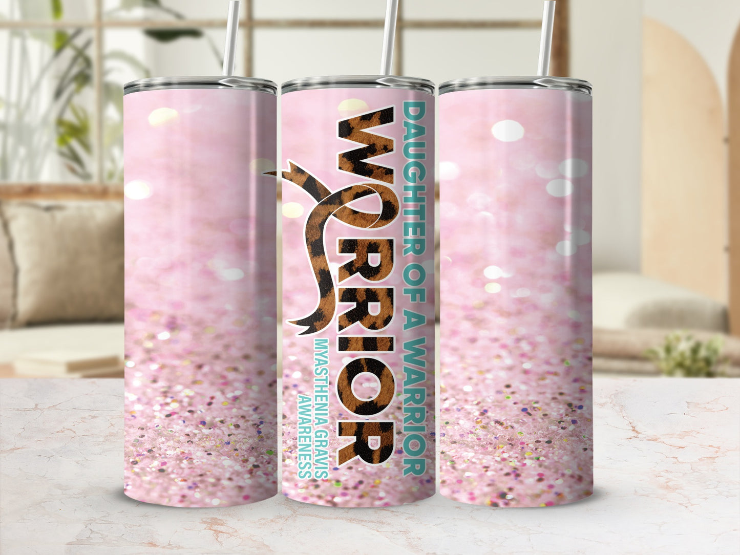 Pink glitter tumbler with "Daughter of a Warrior" text.