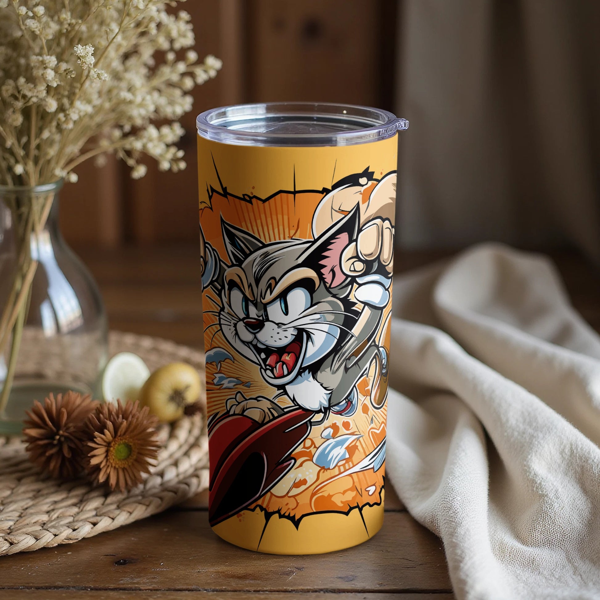 Energetic Cartoon Cat with Skateboard Travel Cup