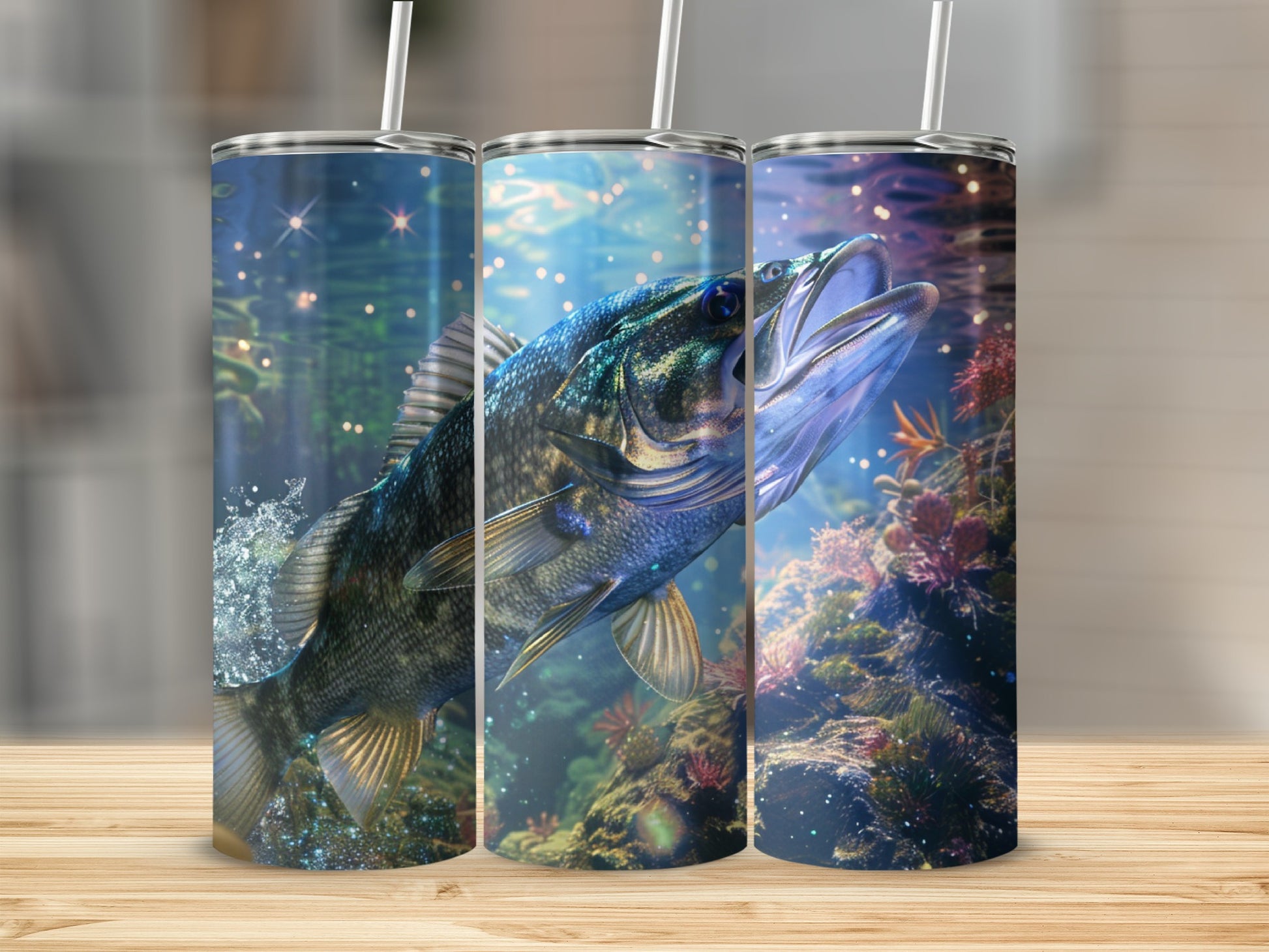 Bass fish leaping from water onto a tumbler design.