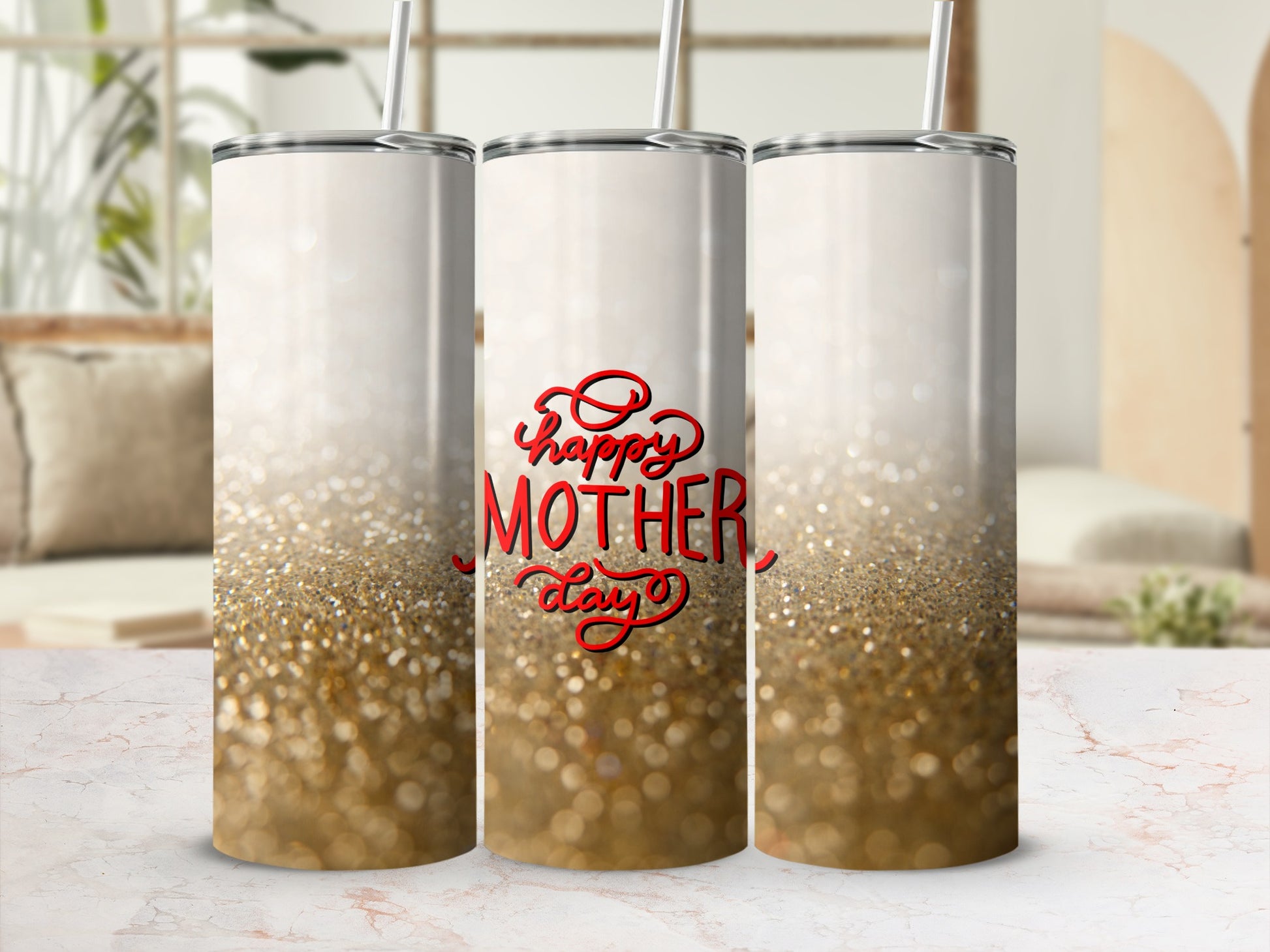 Gold glitter tumbler with "Happy Mother's Day" text.