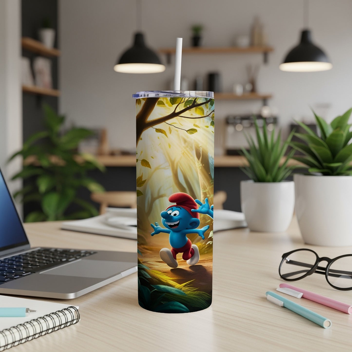 Smurf character running through a sunlit forest path on a tumbler.