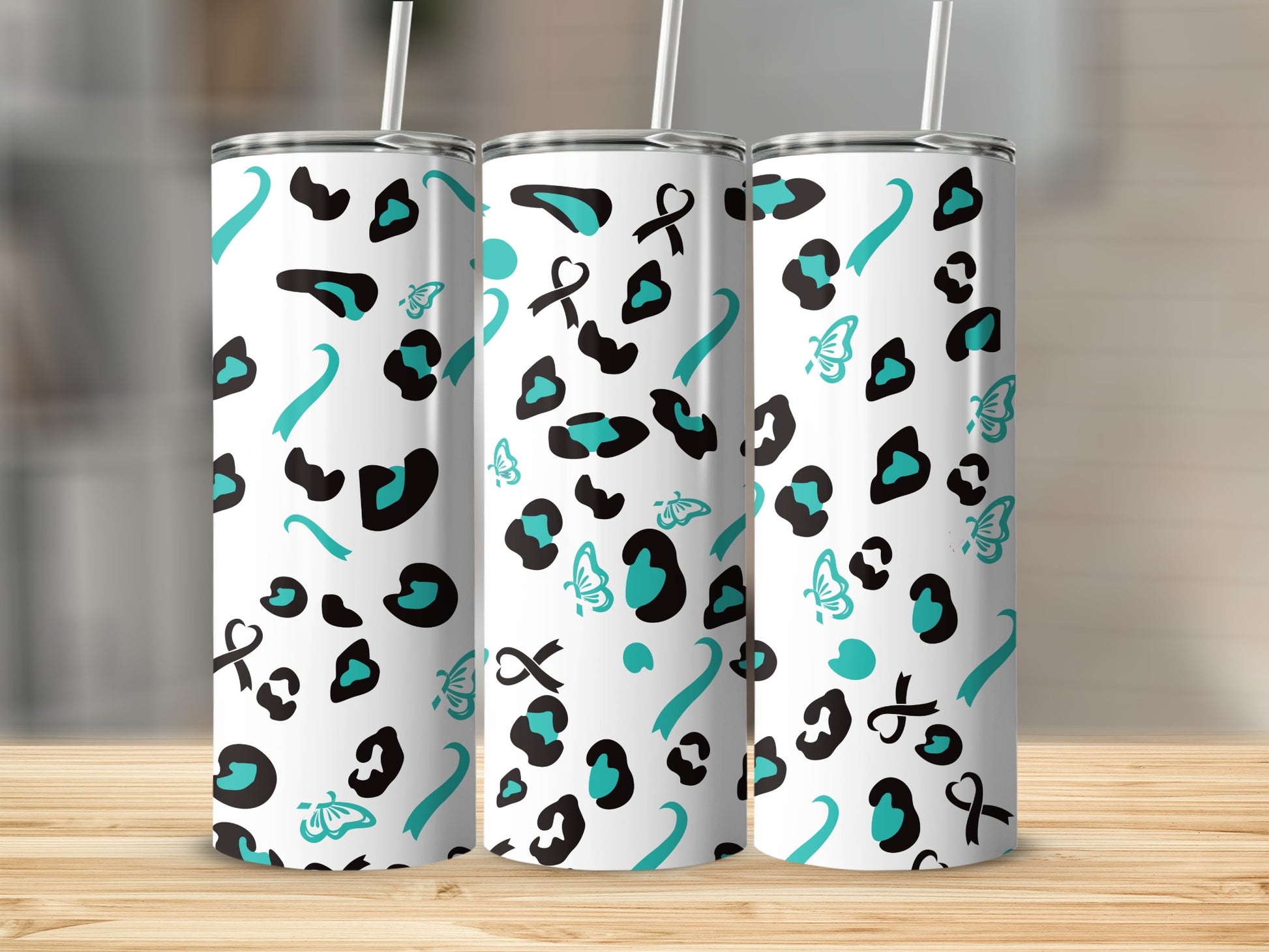 Teal and Black Animal Print Pattern on White Tumbler
