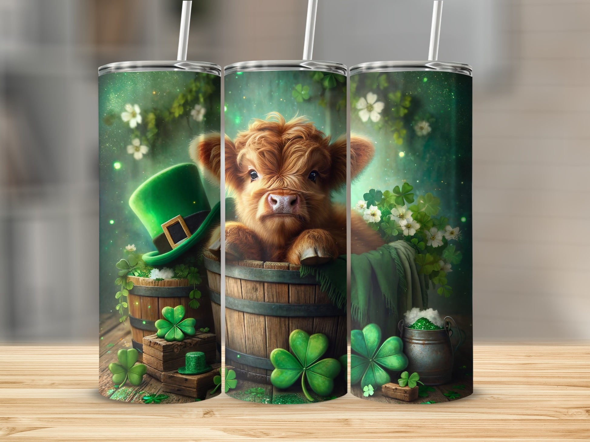 Cow in barrel with shamrocks and leprechaun hat.
