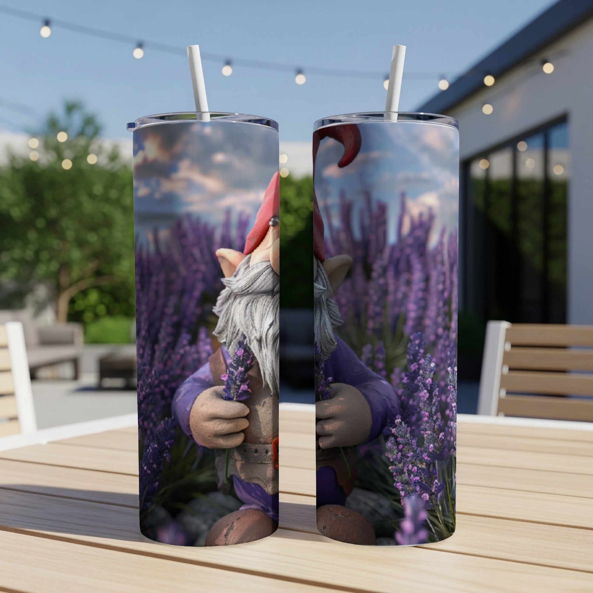 Gnome holding lavender in a field, displayed on two tumblers.