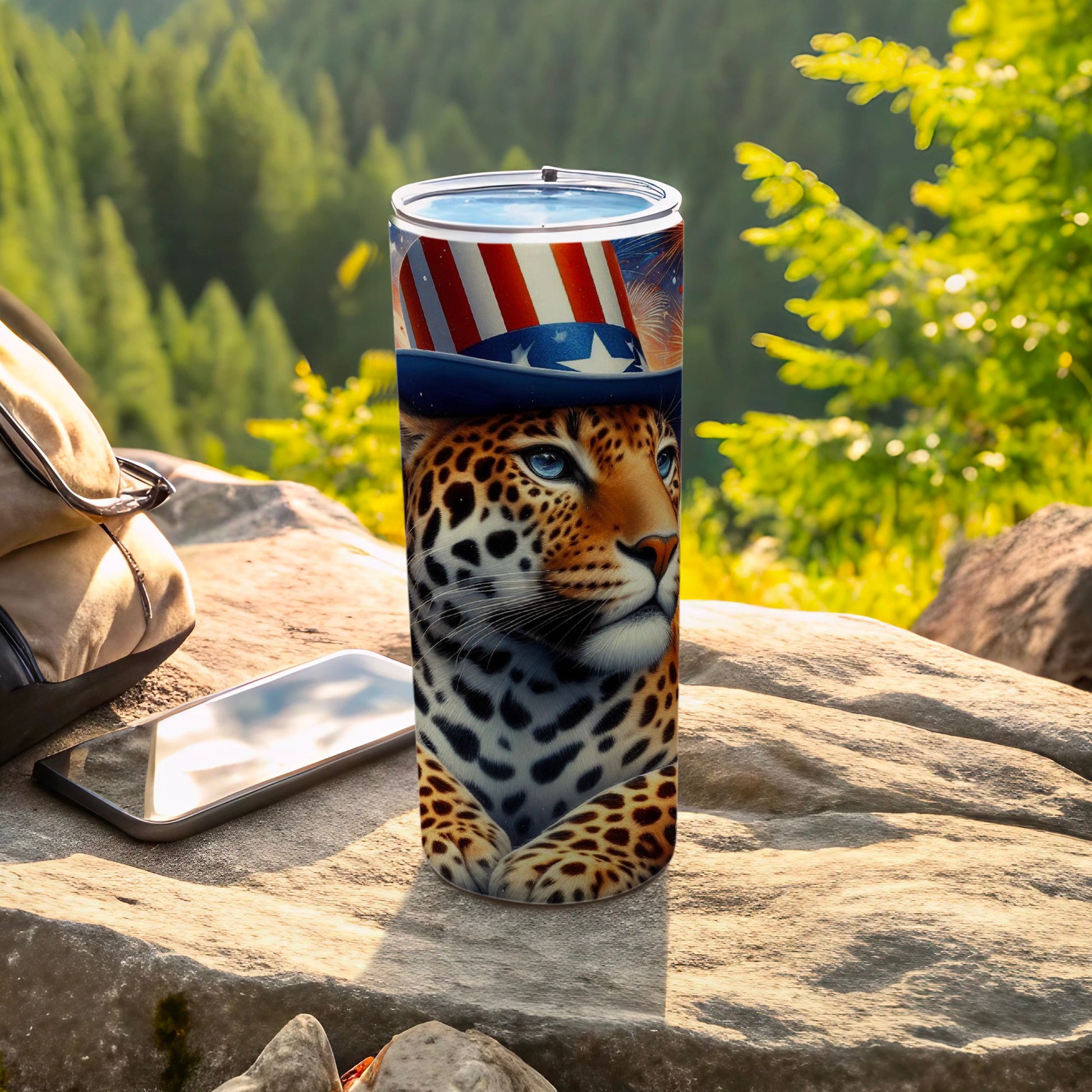 Leopard wearing Uncle Sam hat on tumbler with patriotic stars and stripes.