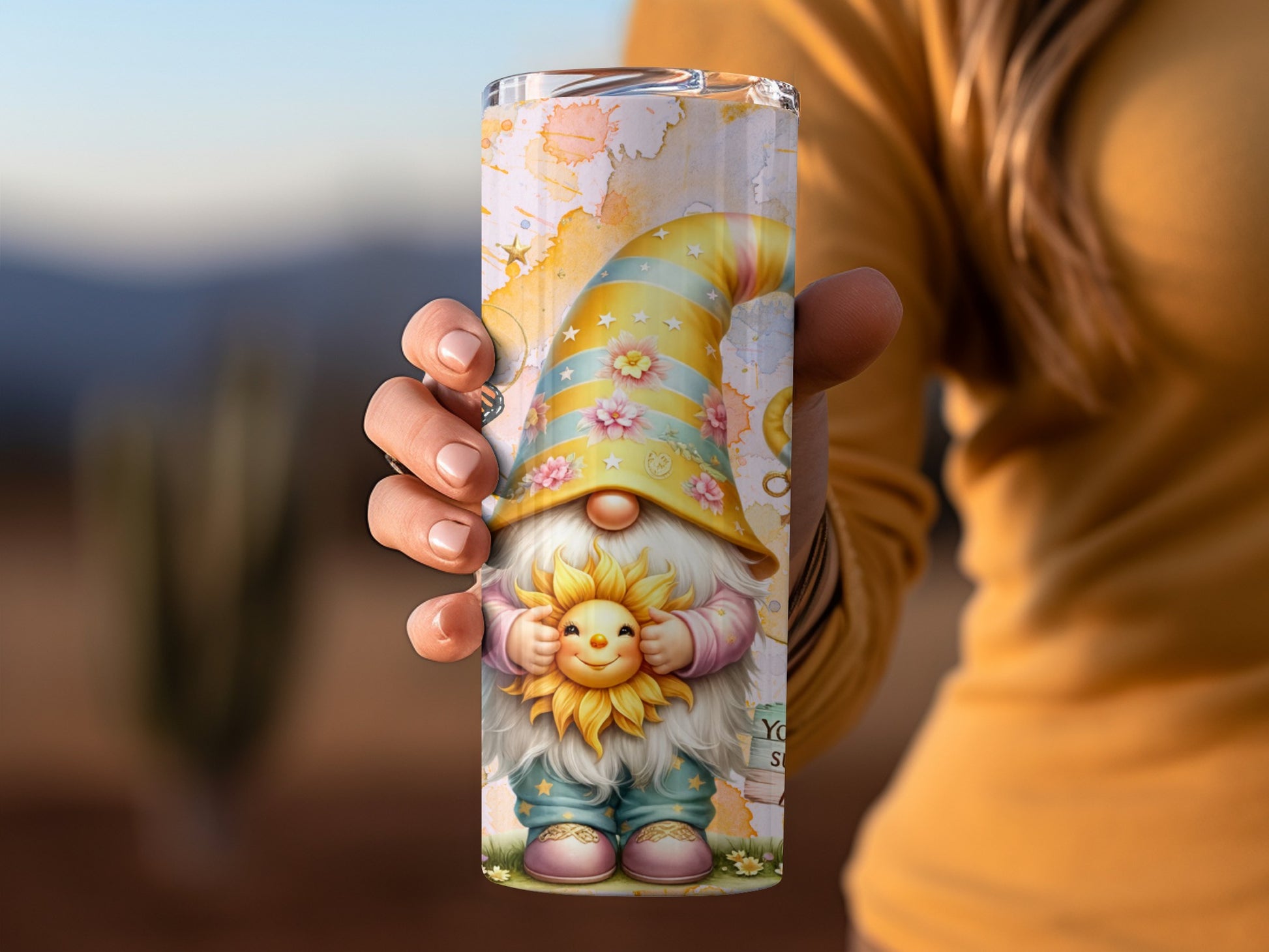 Adorable Gnome with Sunflower Tumbler for Beverages