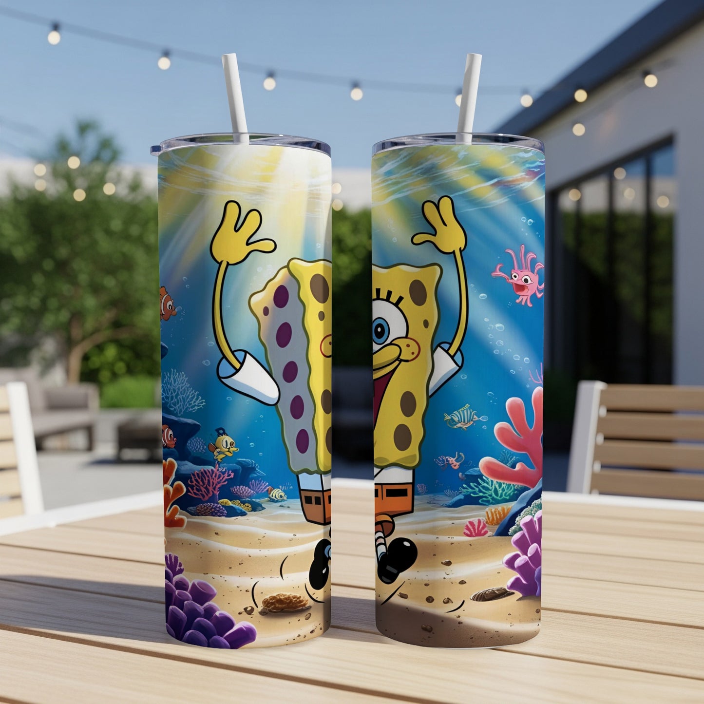SpongeBob SquarePants character on a skinny tumbler with a coral reef background.