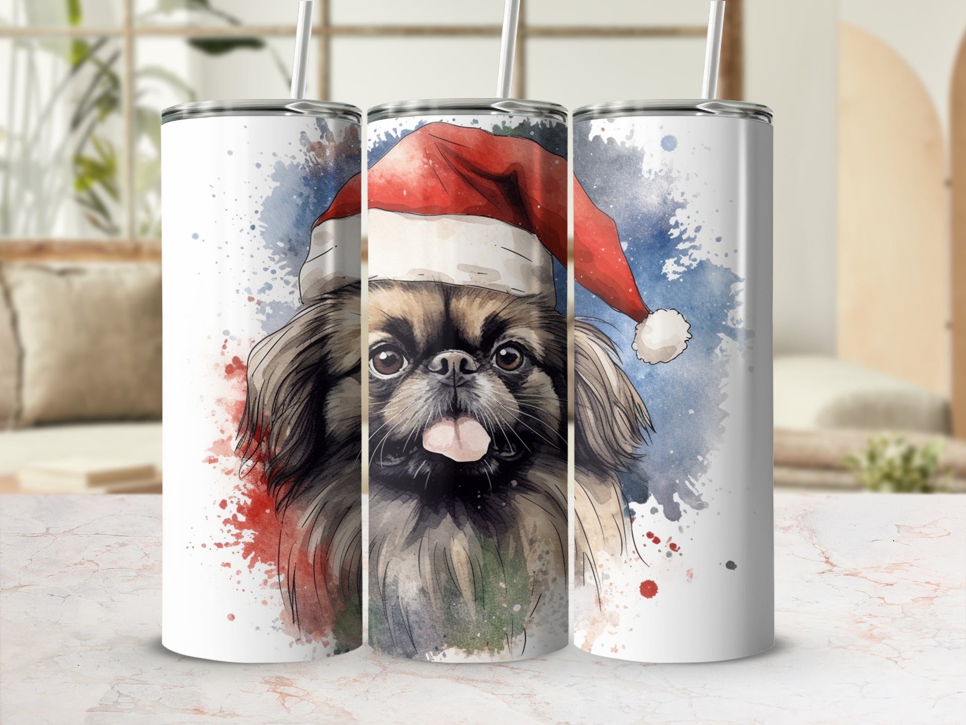 Christmas Pekingese dog wearing Santa hat, watercolor art design on tumbler.