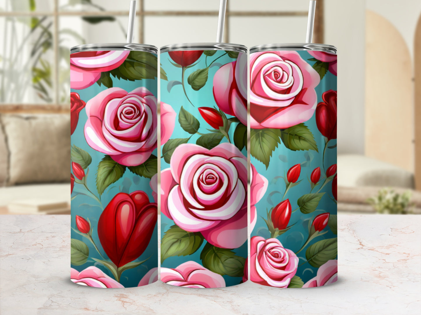 Three tumblers with a pink and red rose floral pattern.