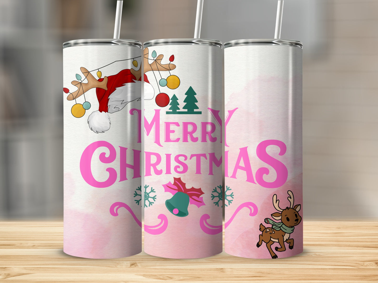 Merry Christmas Reindeer and Santa Hat Custom Tumbler