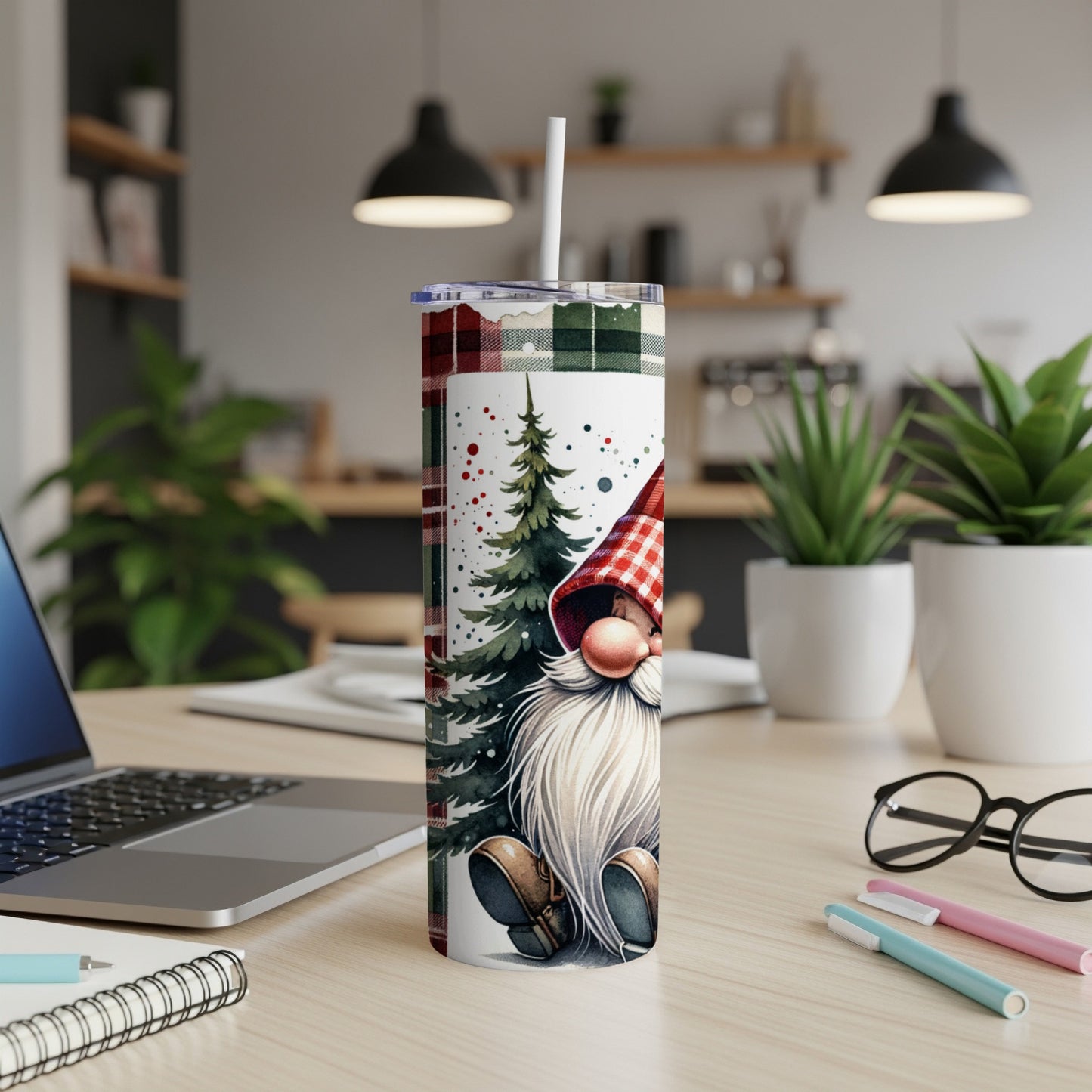 Christmas gnome design on a white tumbler with straw.