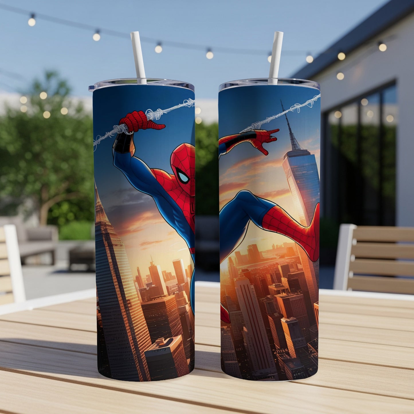 Spider-Man swinging through a cityscape with tall buildings and a sunset.