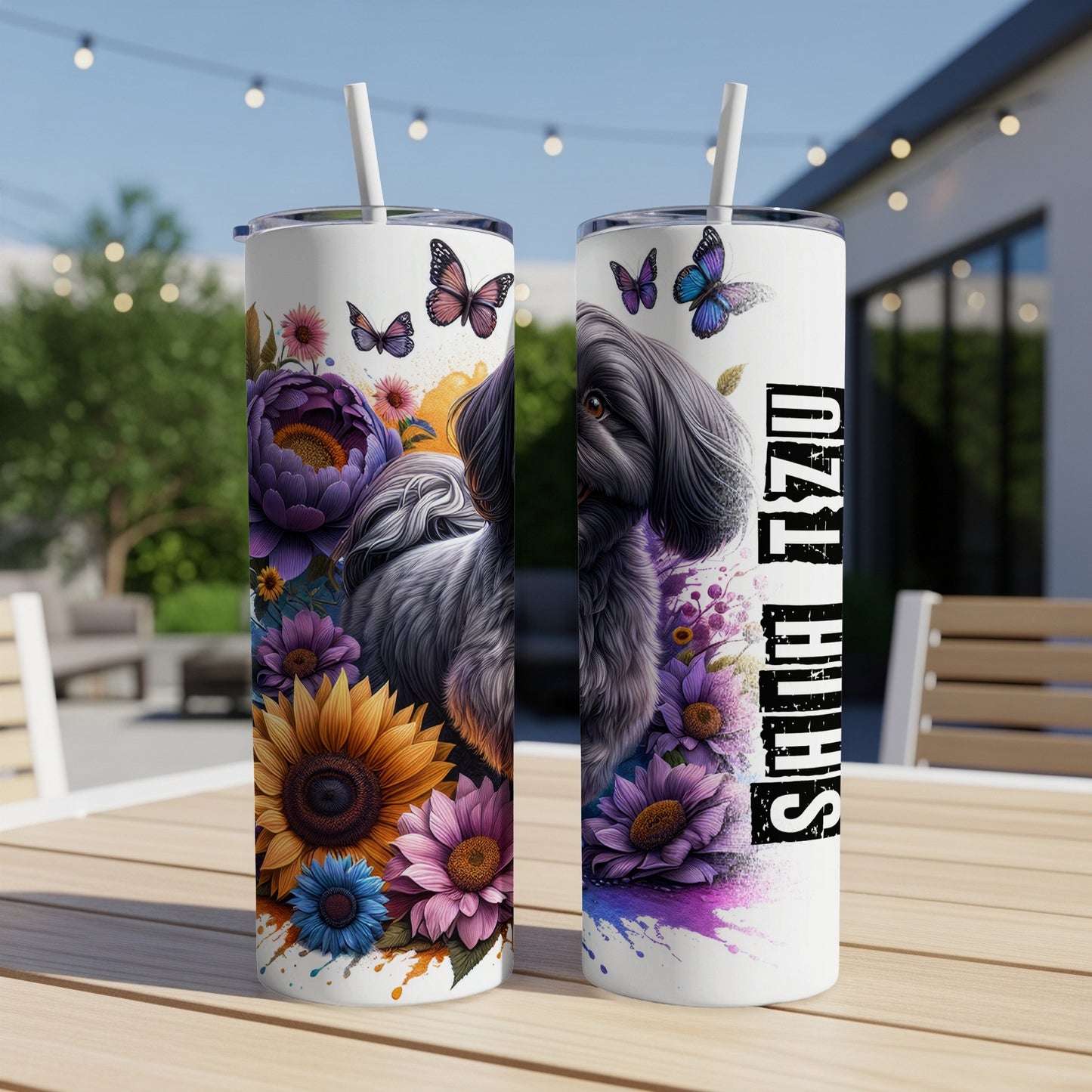 Two Shih Tzu themed tumblers with floral and butterfly designs.