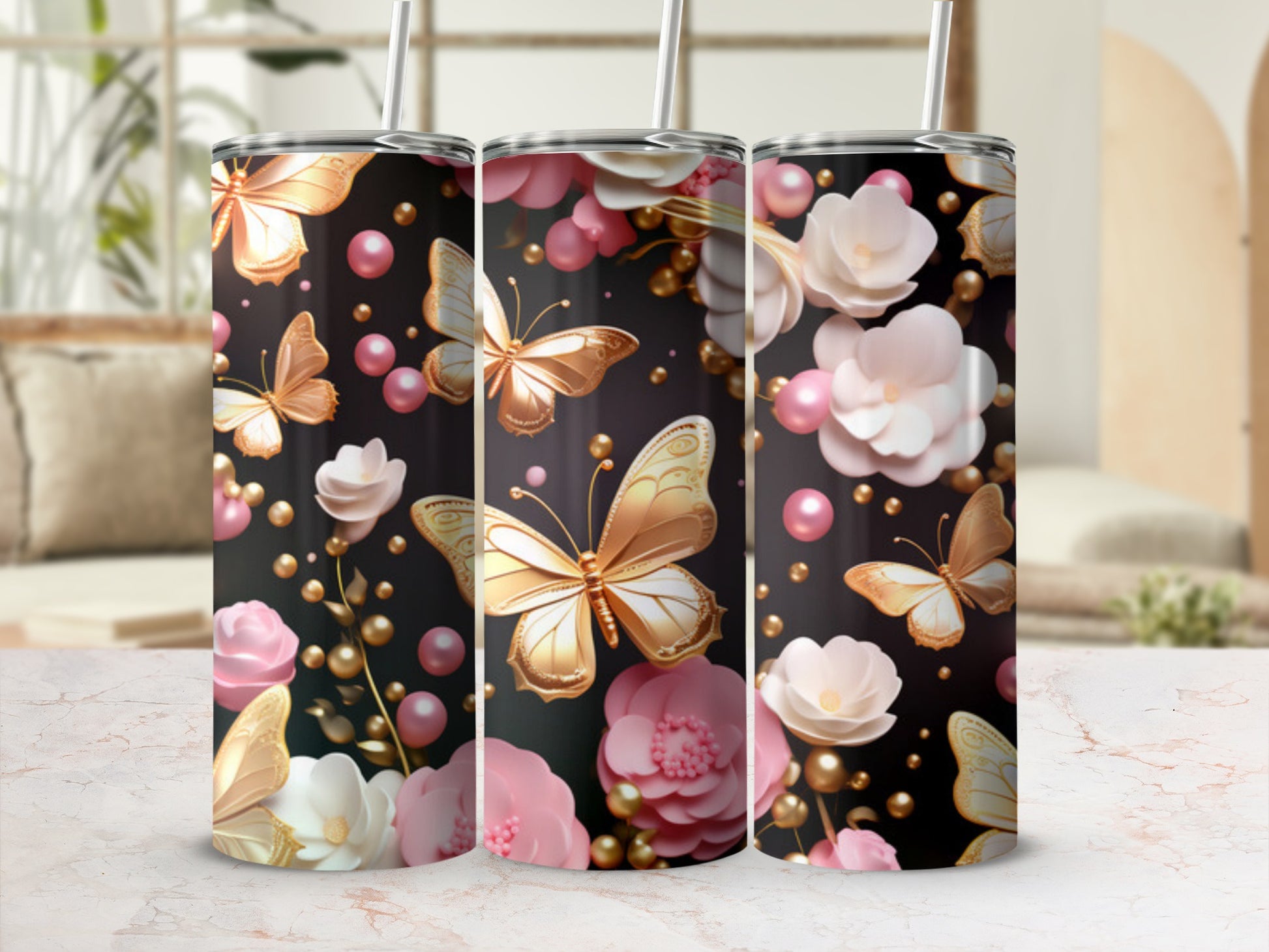Gold butterflies and pink flowers on a dark background with metallic beads.