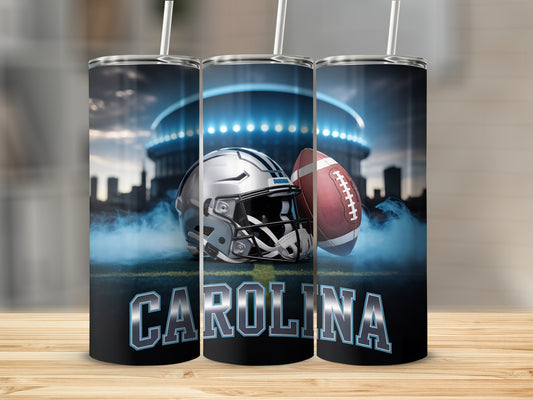Carolina Panthers helmet and football with stadium background.