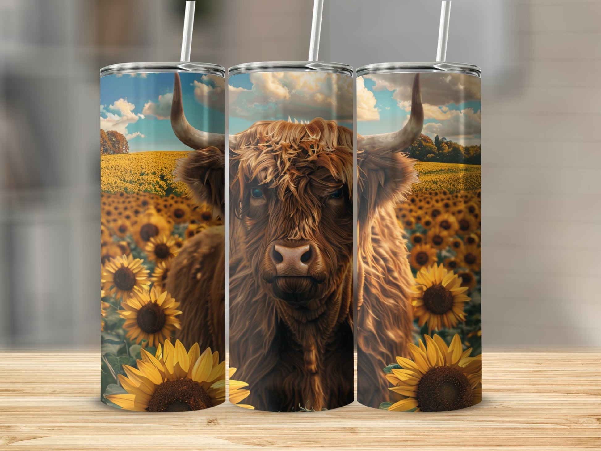 Highland cow with sunflowers on a tumbler.