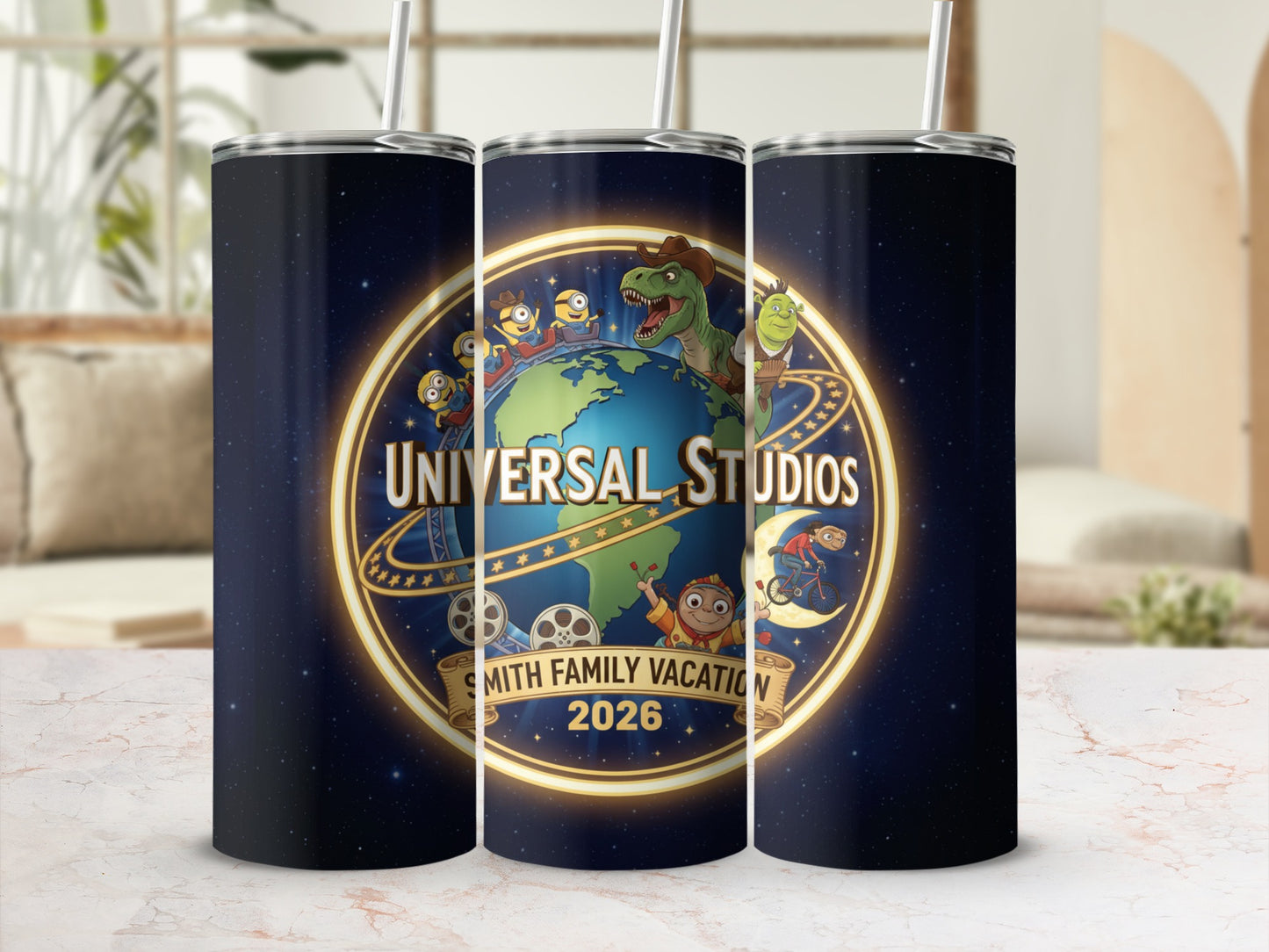 Universal Studios 2026 Smith Family Vacation tumbler with characters.